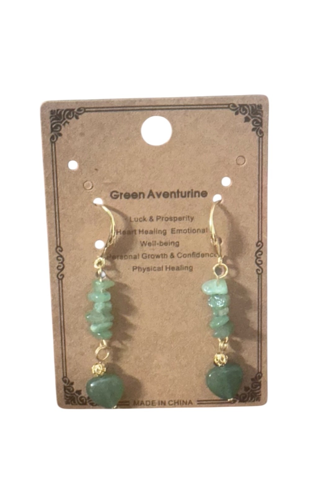 18K gold plated Earrings- green aventurine- hearts- chip beads-french wire