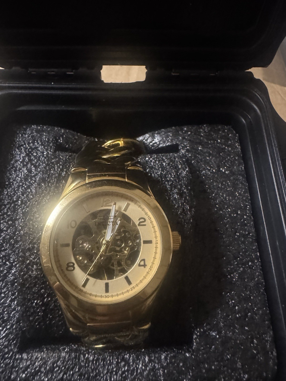 Invicta Angel Gold Tone Cuban Link Skeleton Automatic Watch 44mm 20 Jewels