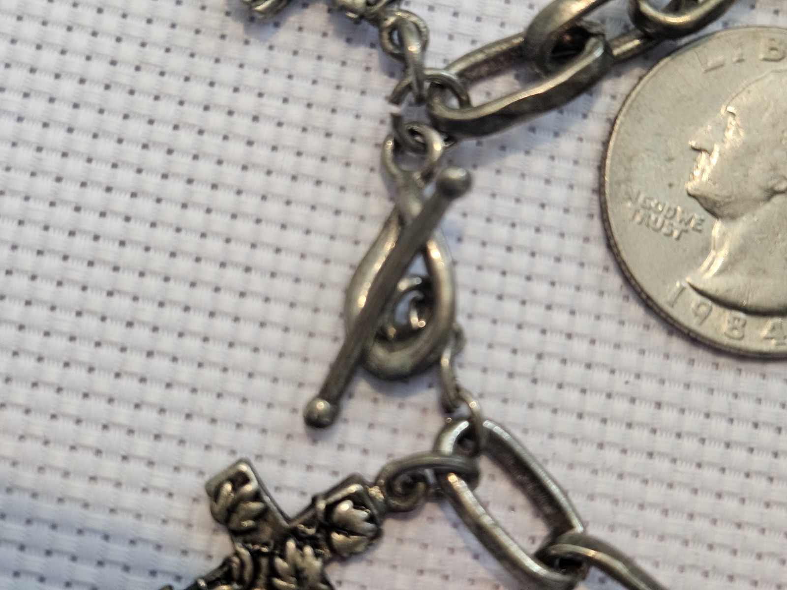 Silver Tone Cross Charm Toggle Bracelet Chunky Chain Religious Tarnished Vintage
