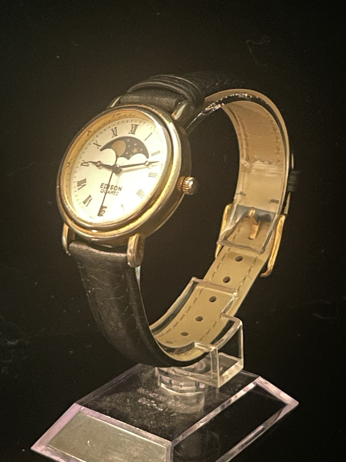 Vintage Edison Quartz Moon Phase Date Dress Watch Roman Dial Japan Movement Runs