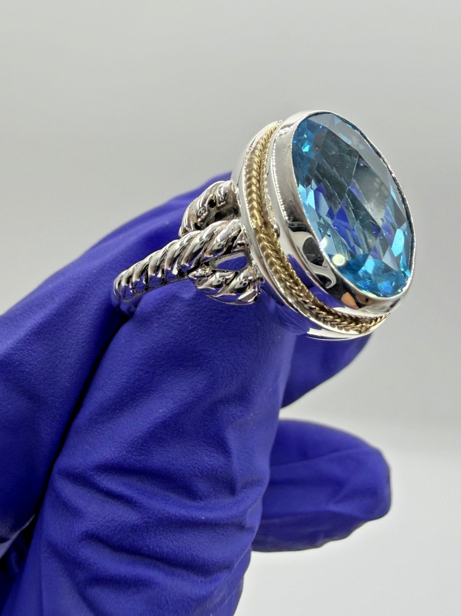 Designer Effy Sterling Silver & 18k Gold Oval Blue Topaz Twisted Cable Ring Sz 7