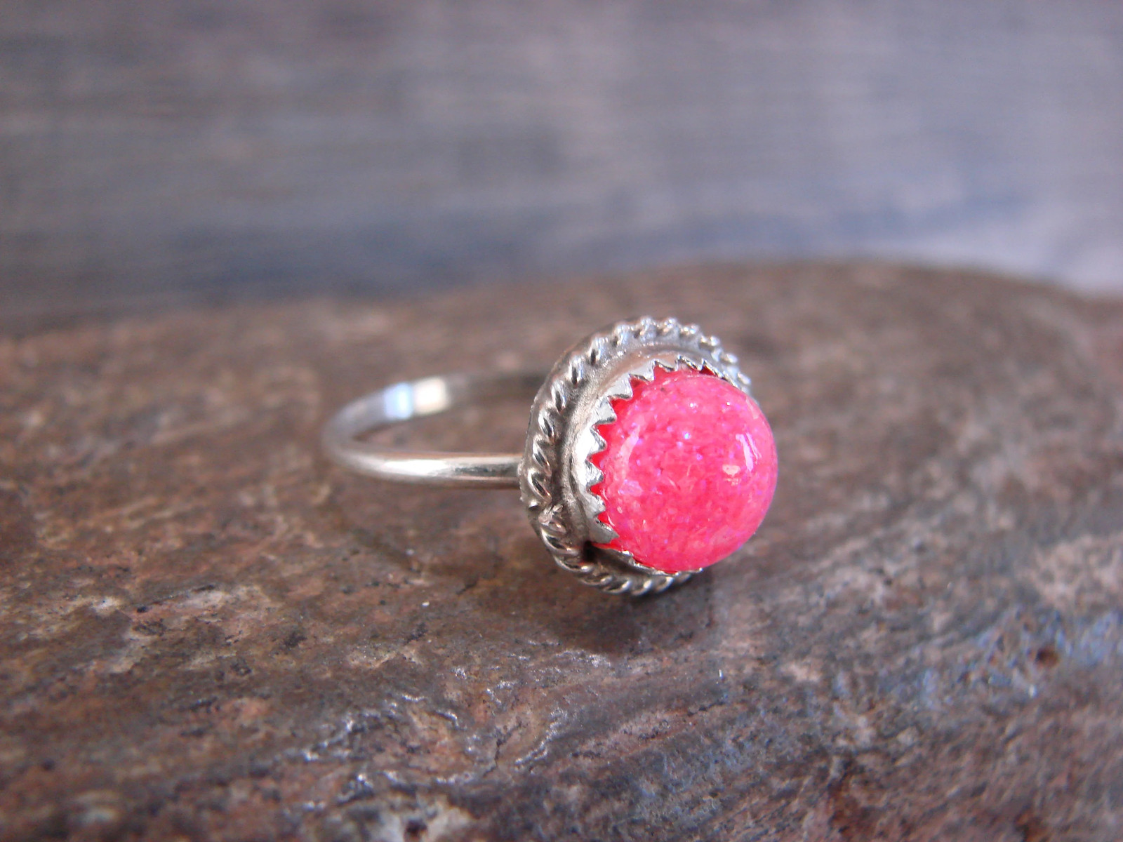 Native American Sterling Silver & Pink Opal Ring by White – Size 6