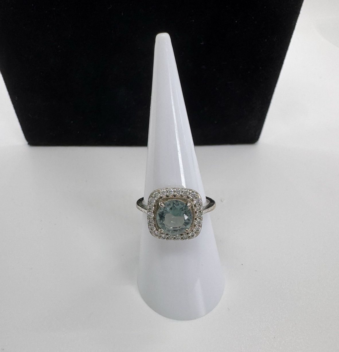 Bomb Party Silver Tone Blue Crystal Cushion Halo Cocktail Ring Size 7