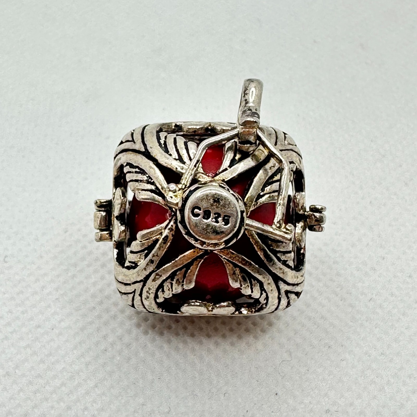 925 Sterling Silver Red Harmony Ball Pendant Cage Locket Chime Vintage