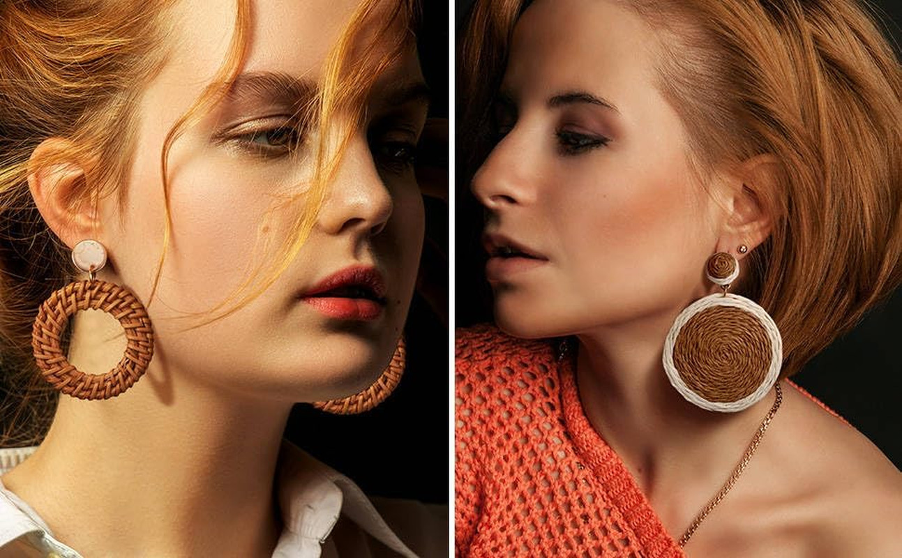 4 Pairs Handmade Raffia Rattan Bohemian round Drop Dangle Earrings for Women, Bo