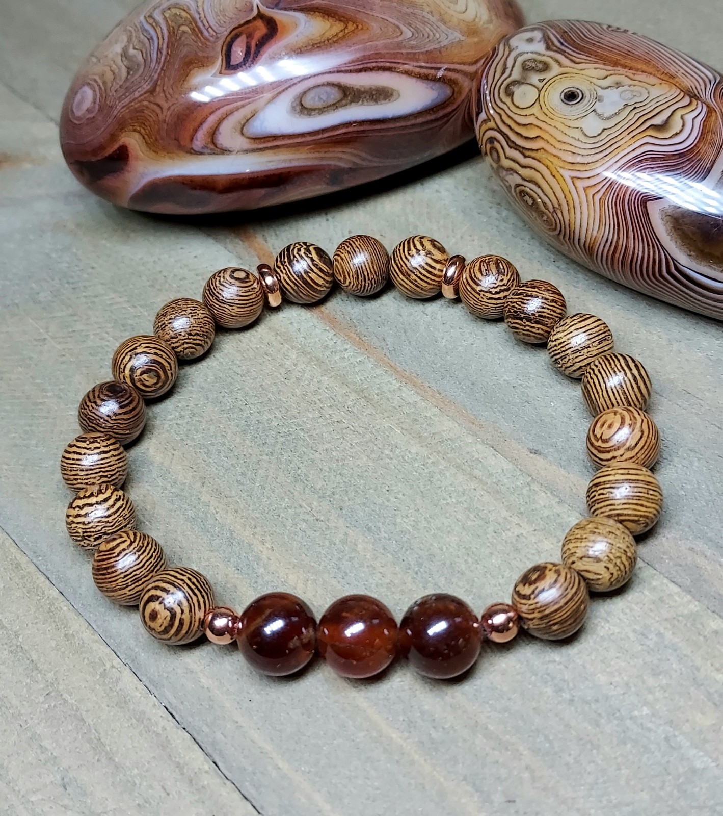 Hessonite Garnet Gemstone Bracelet With Brown Wooden Beads Stretchy 6.50″