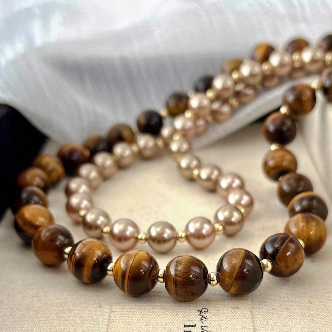 Meirade Style 8+10mm/0.32+0.39in Tiger’s Eye Double-Layer Pearl Necklace