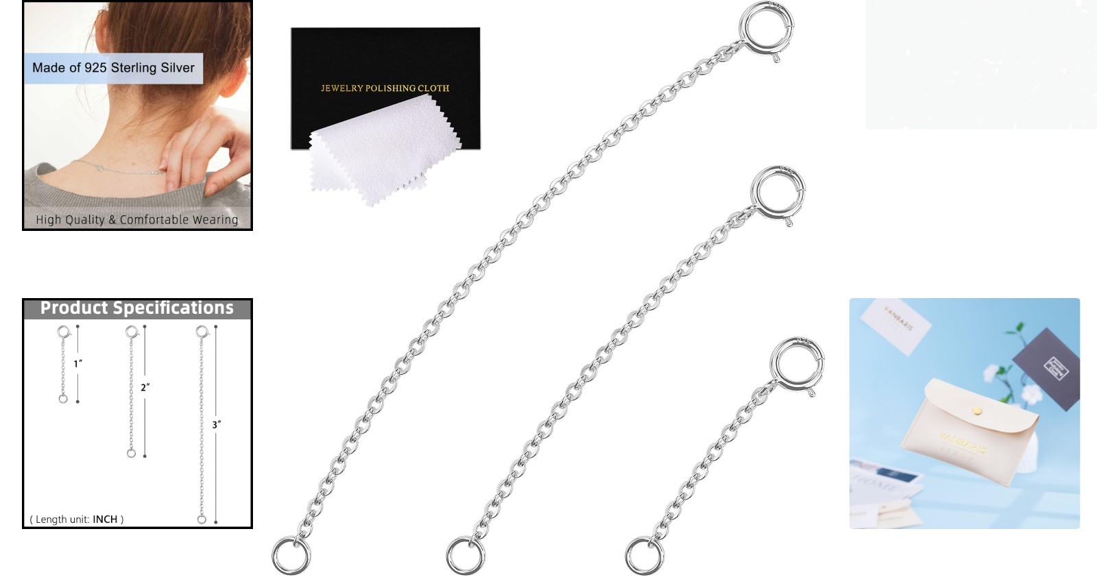 Hypoallergenic 3-Piece Sterling Silver Extenders for Necklaces and Bracelets