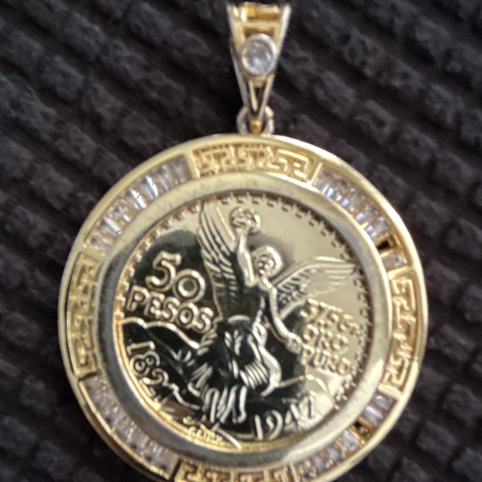 50 Pesos Coin Pendant Charm Round Gold Tone Two-Tone Greek Key Border Bail