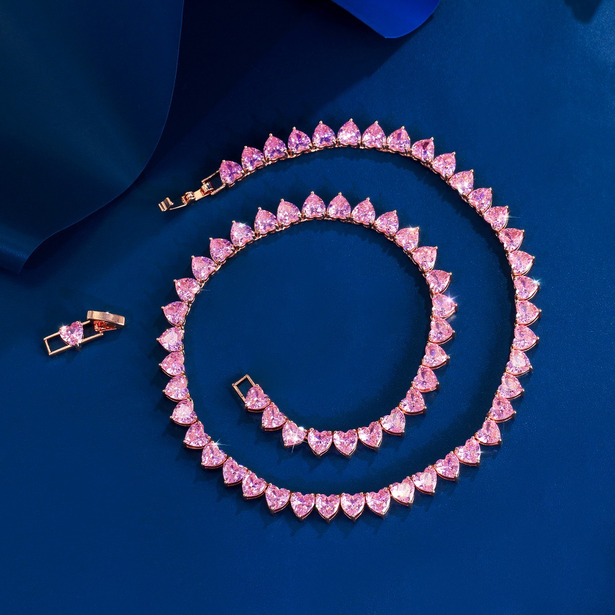Romantic 585 Rose Gold Pink CZ Love Heart Tennis Choker Necklace for Women Party