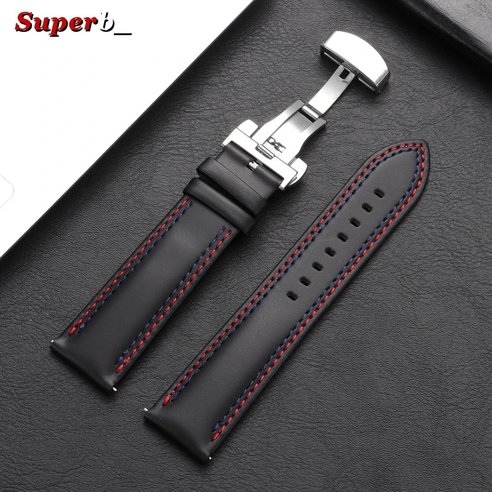 Genuine Calfskin Leather Watch Band 20mm 22mm 24mm Butterfly Buckle Strap