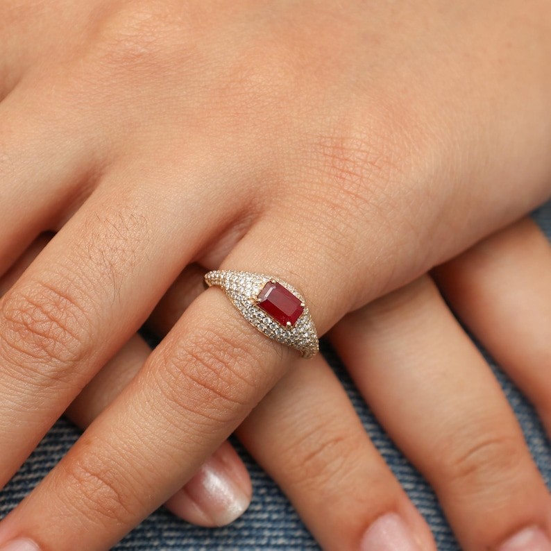 1.50CT Emerald Cut Natural Ruby & Diamond Ring 14k Yellow Ring For Birthday Gift