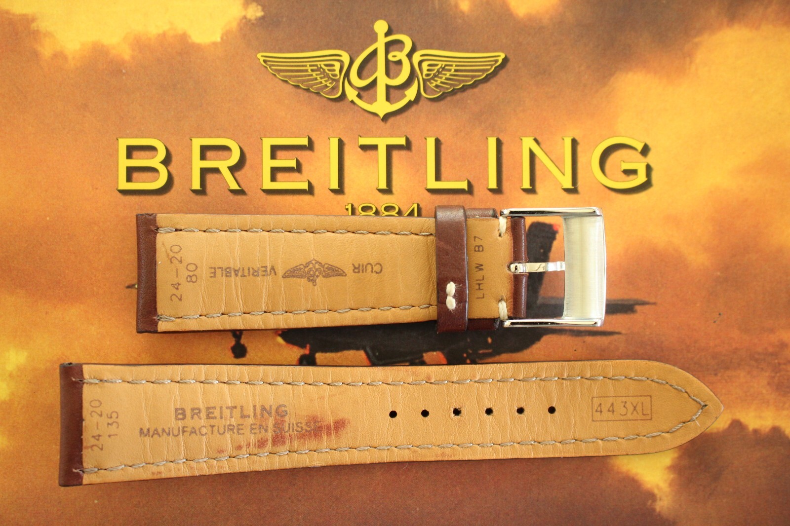 BREITLING 443XL 24-20 BROWN OIL CALF TONGUE BUCKLE WATCH BAND WATCHBAND STRAP E