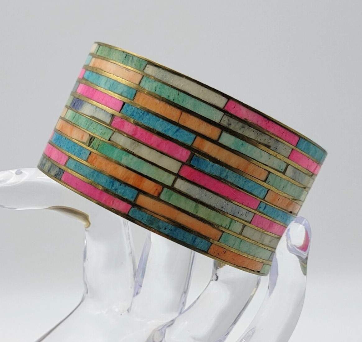 Vintage Style Wide Brass Mosaic Inlay Cuff Bracelet Made In India 8.25 in