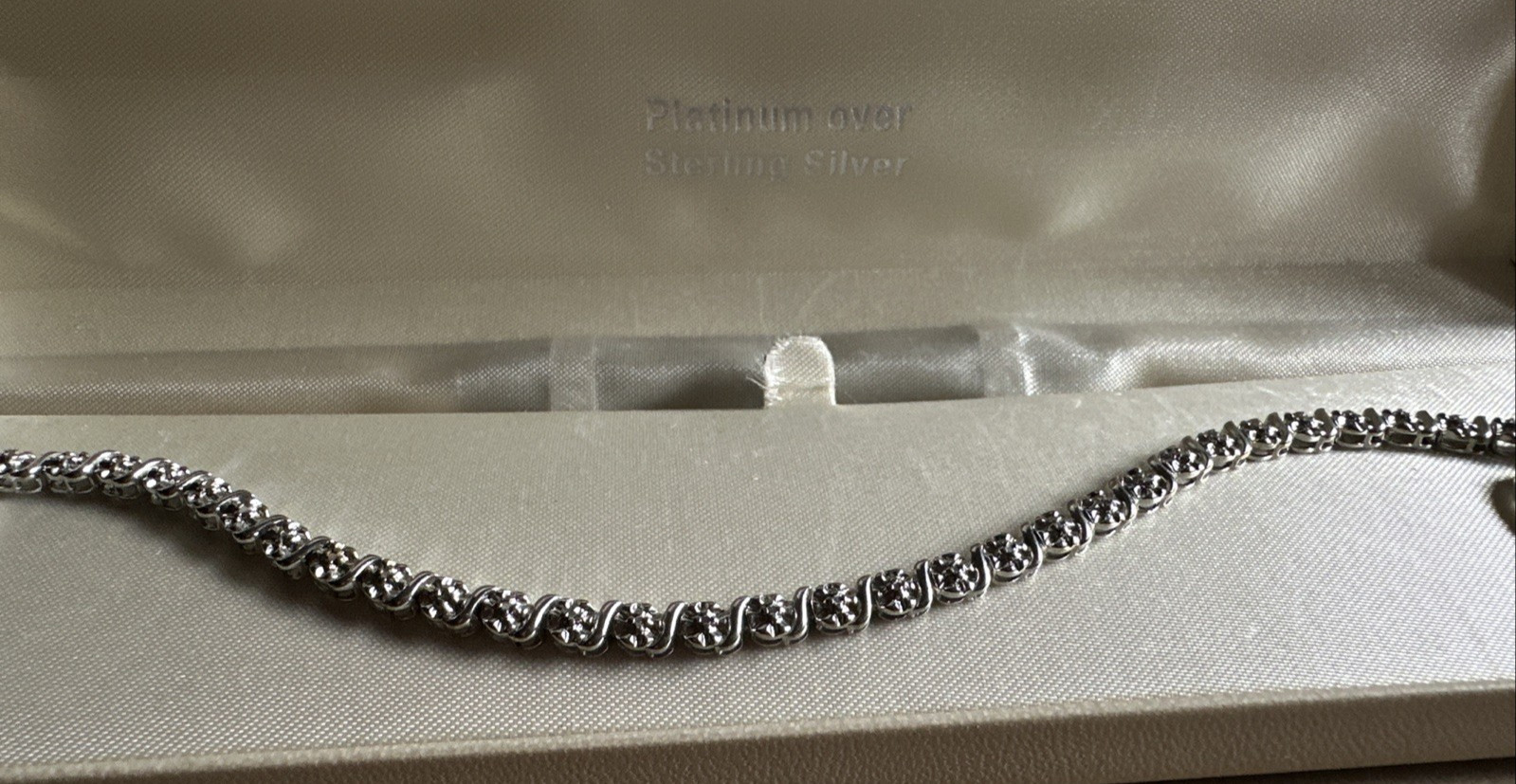 Marked 925 Platinum Over Silver Diamond Accent Tennis Bracelet w/ Heart Charm