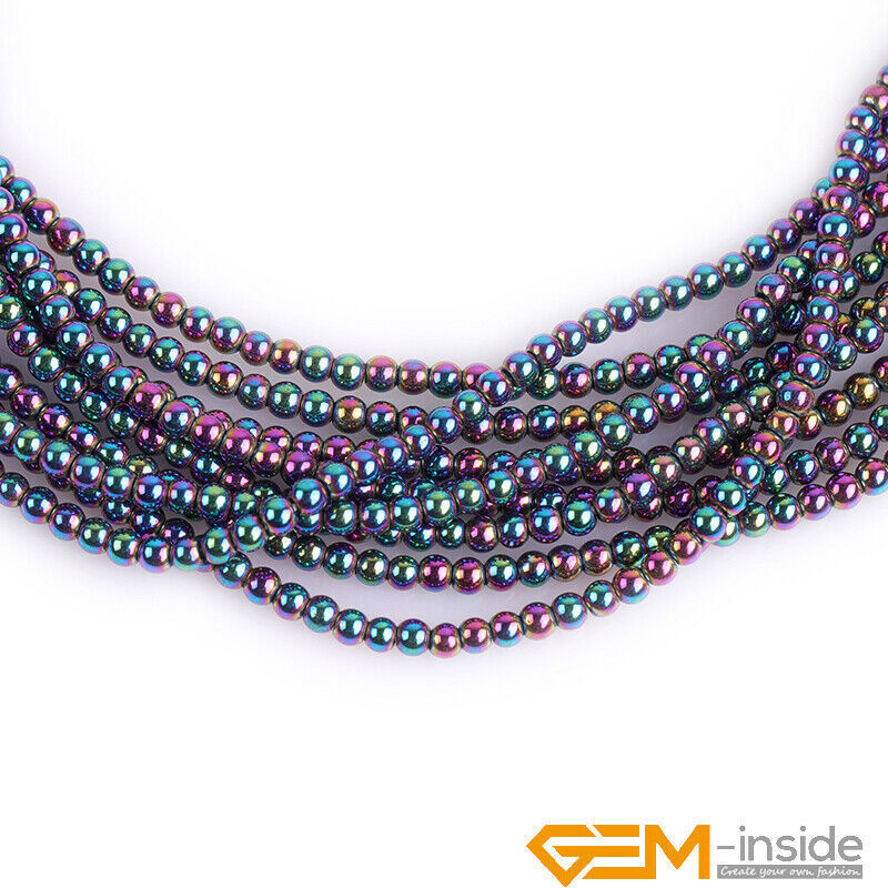 Rainbow Metallic Coated Reflections Hematite Round Spacer Beads 15″Bulk 2mm-12mm