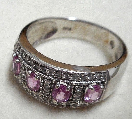 14K White Gold Pink Sapphire and Diamond Pave Band Ring Size 9 6.40 Grams-Vntg