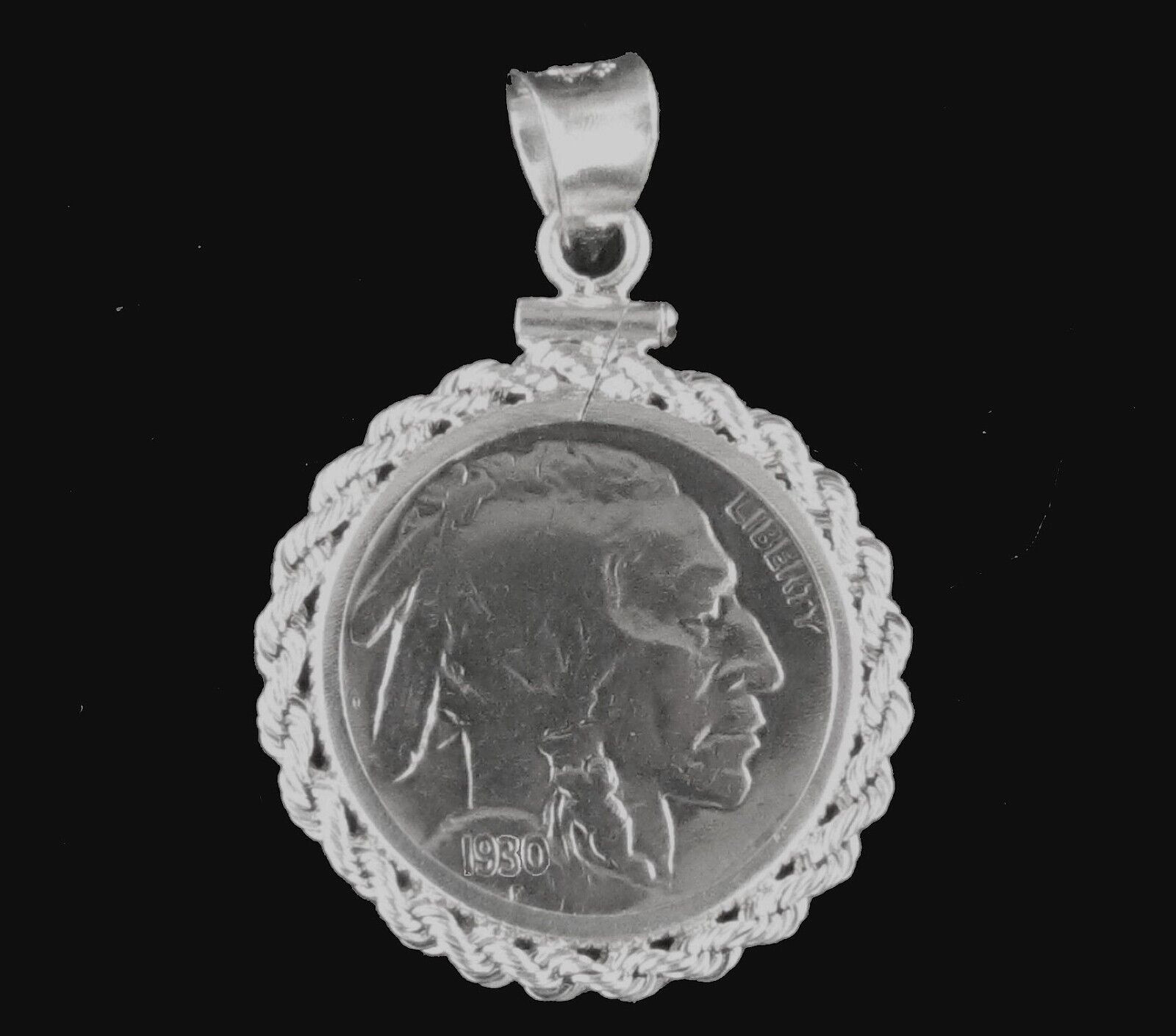 Coin Pendant Vintage Indian Head Nickel Sterling Silver Rope Bezel Soldered Bail