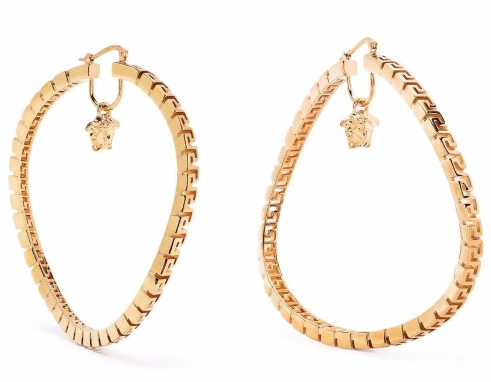 NIB Versace Medusa Logo Charm Greca Greek Key Gold Large Curved Hoop Earrings