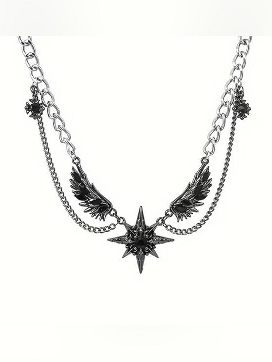 Unisex Black Stainless Steel Star & Wing Chain Necklace