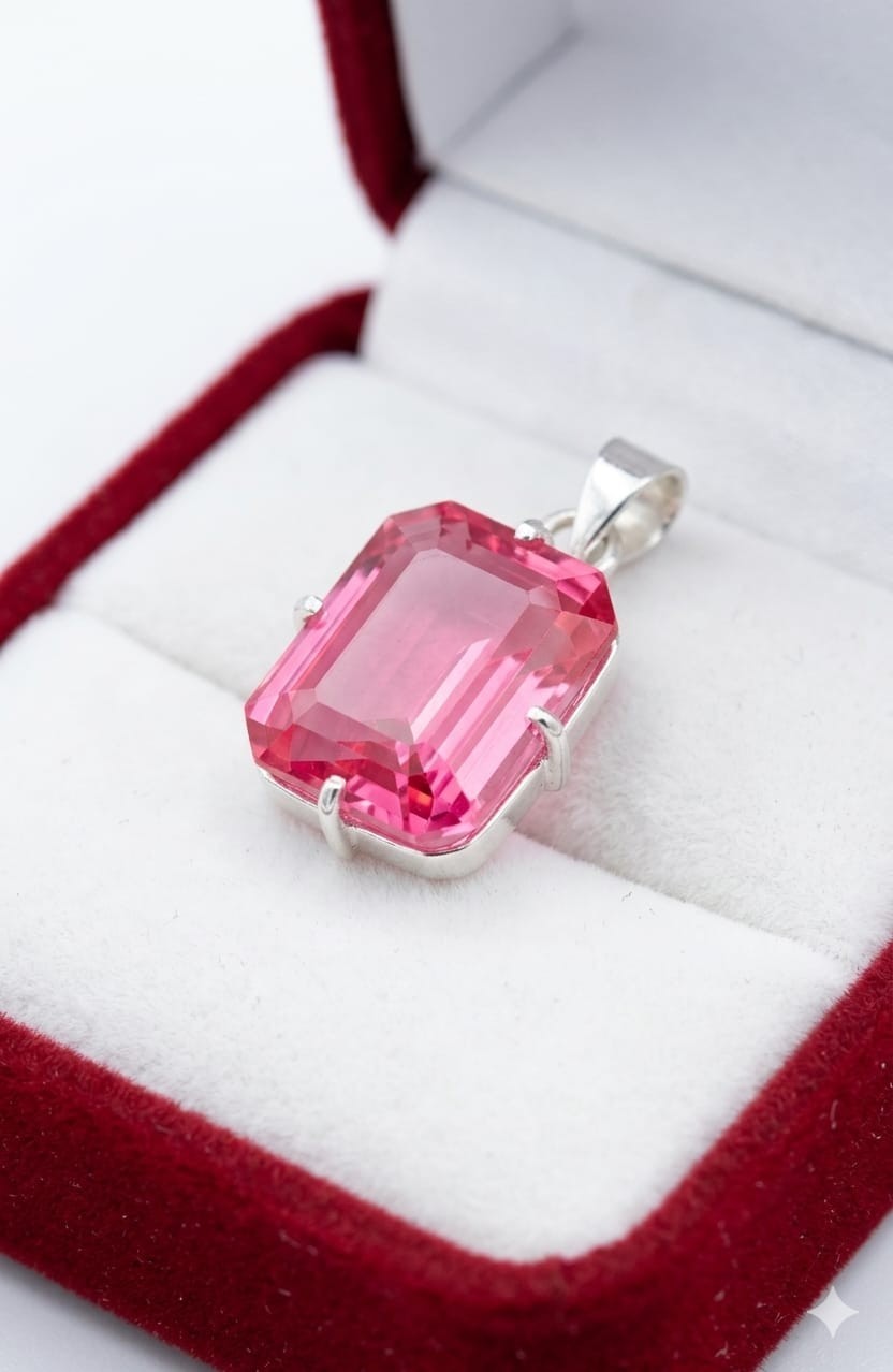 49 Ct A++ Natural Pink Sapphire Emerald Cut 925 Solid Silver Pendant Gemstone