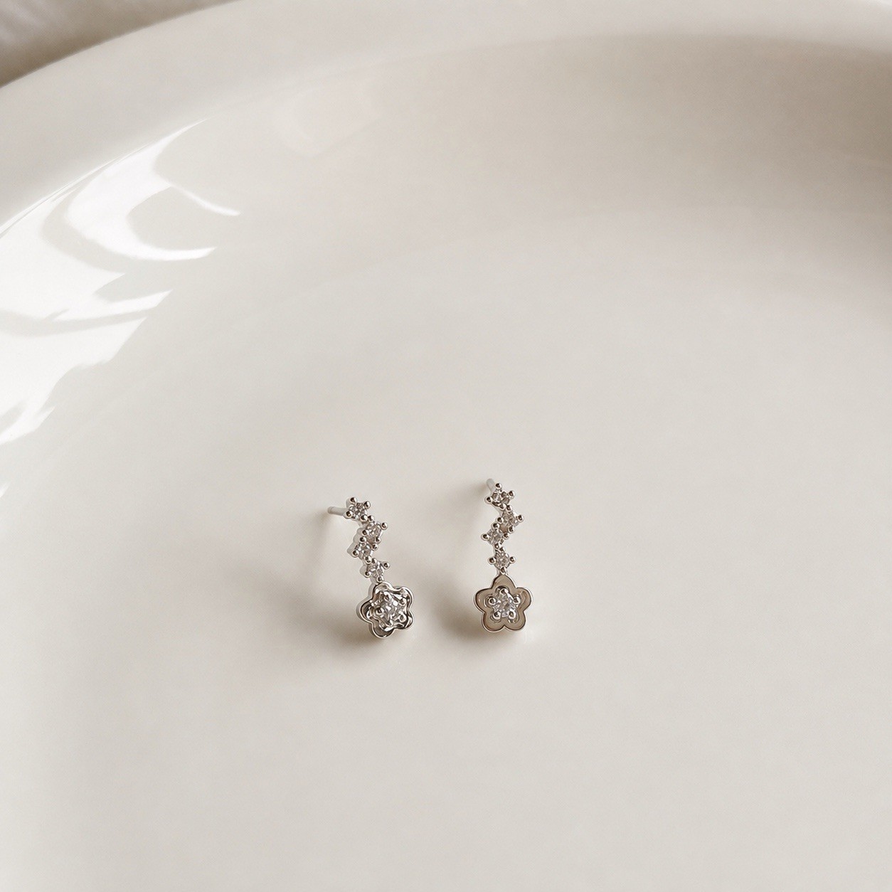 925 Silver Flower Drop Stud Earrings Minimalist Tiny CZ Floral Stud Earrings C68