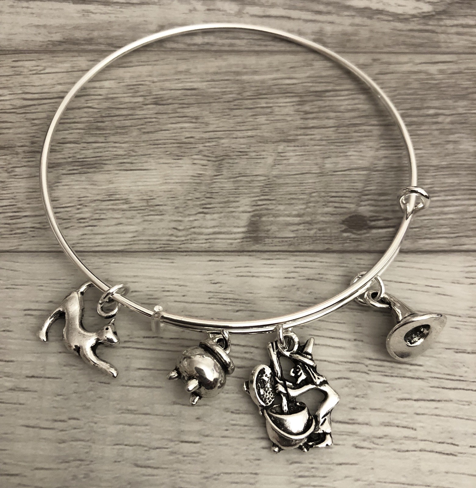 Halloween Witch & Brew & Cat Silver charm Expandable Bangle Bracelet