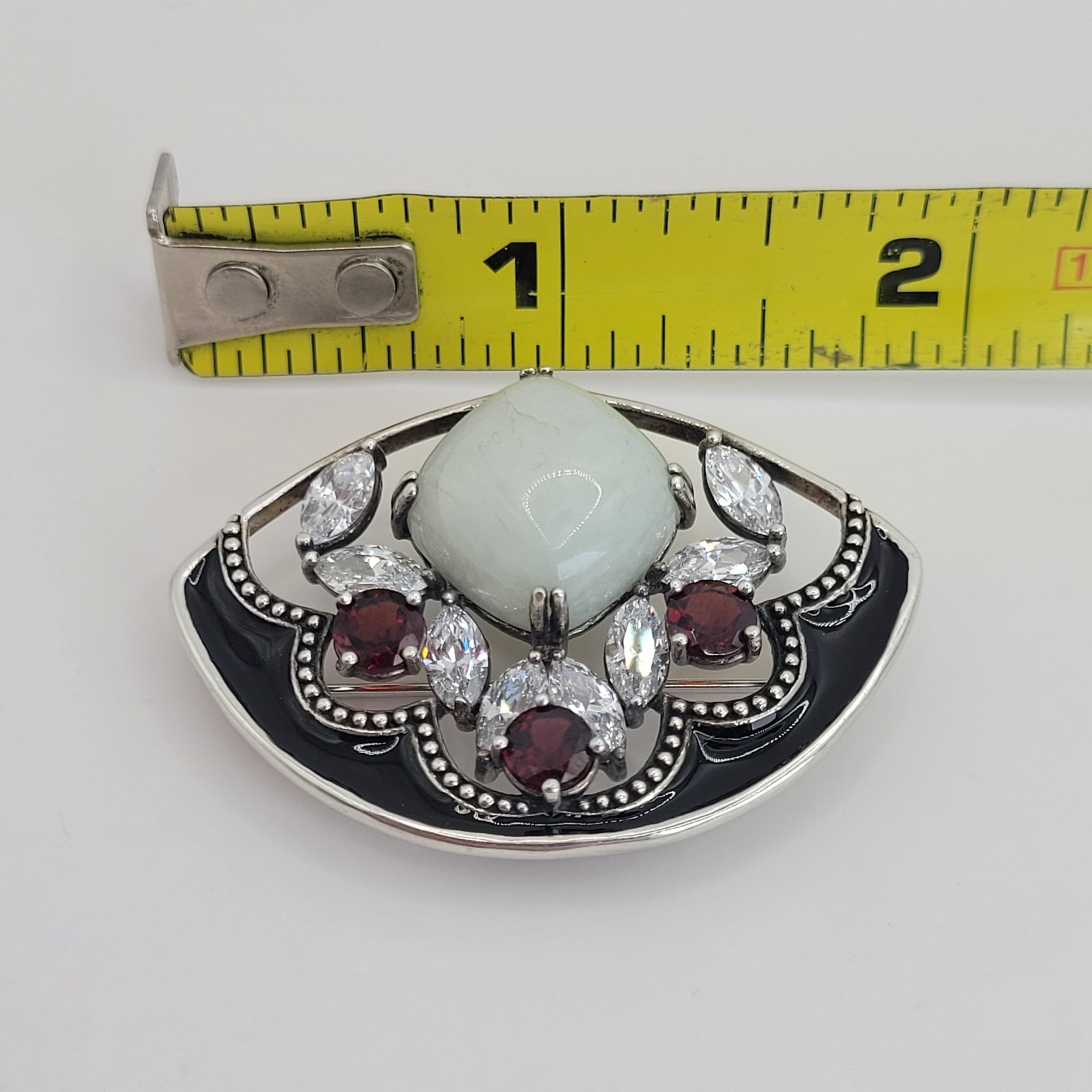 925 Sterling Silver Celadon Jade Garnet Black Enamel Fan Enhancer Pendant Brooch