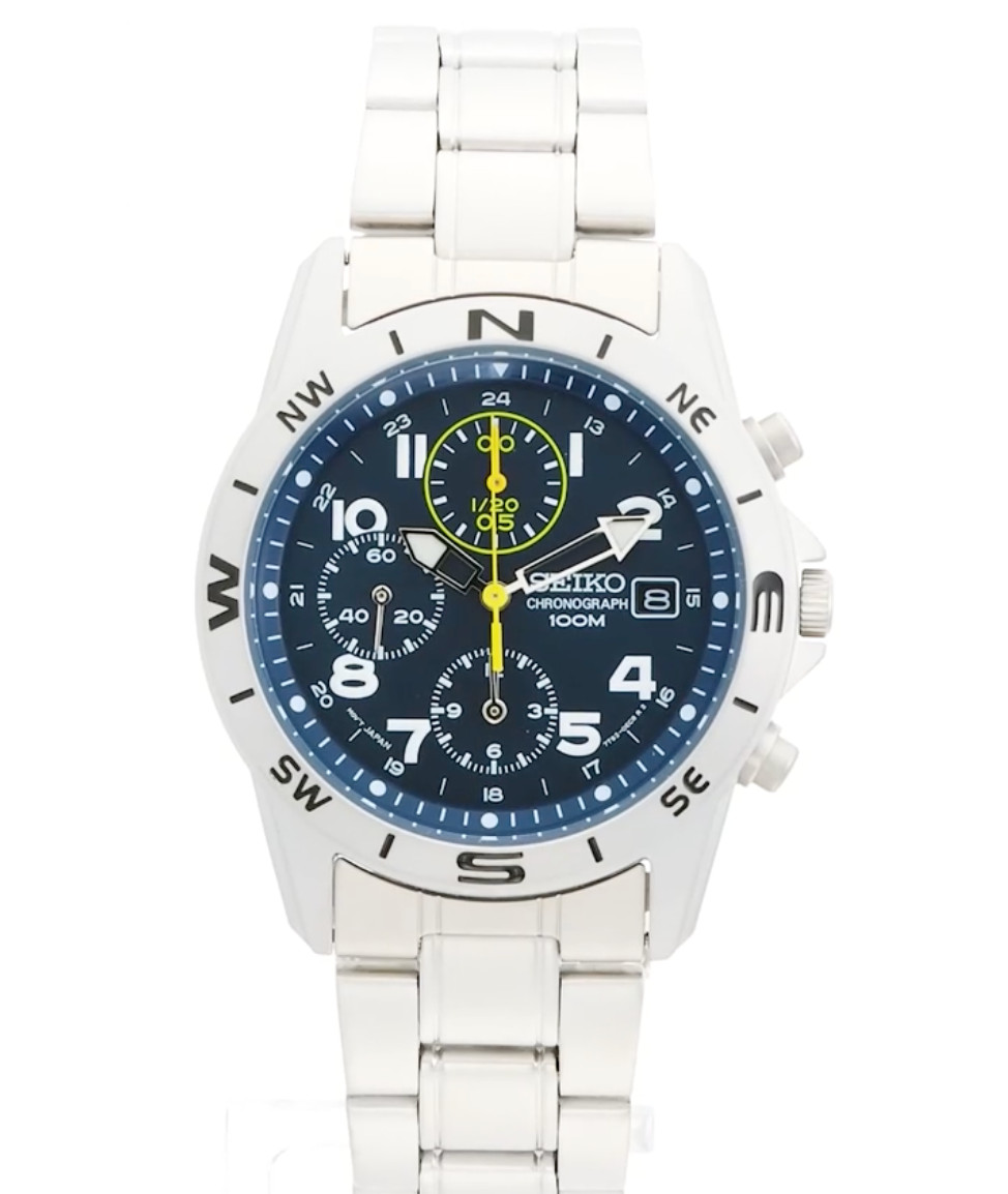 Seiko SND379P Men’s Silver Quartz Chronograph Navy Dial Reverse Import Watch 100