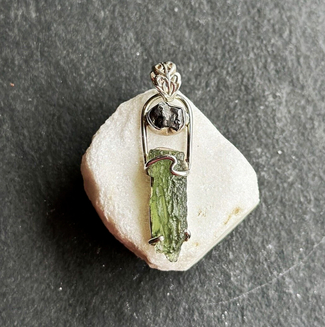 Natural Moldavite & Meteorite Raw Sterling Silver Pendant