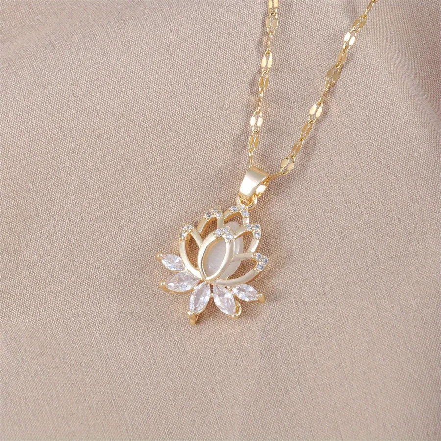 1 PC High-quality 18k Gold Electroplated Fashion Cat’s Eye Stone Lotus Necklace