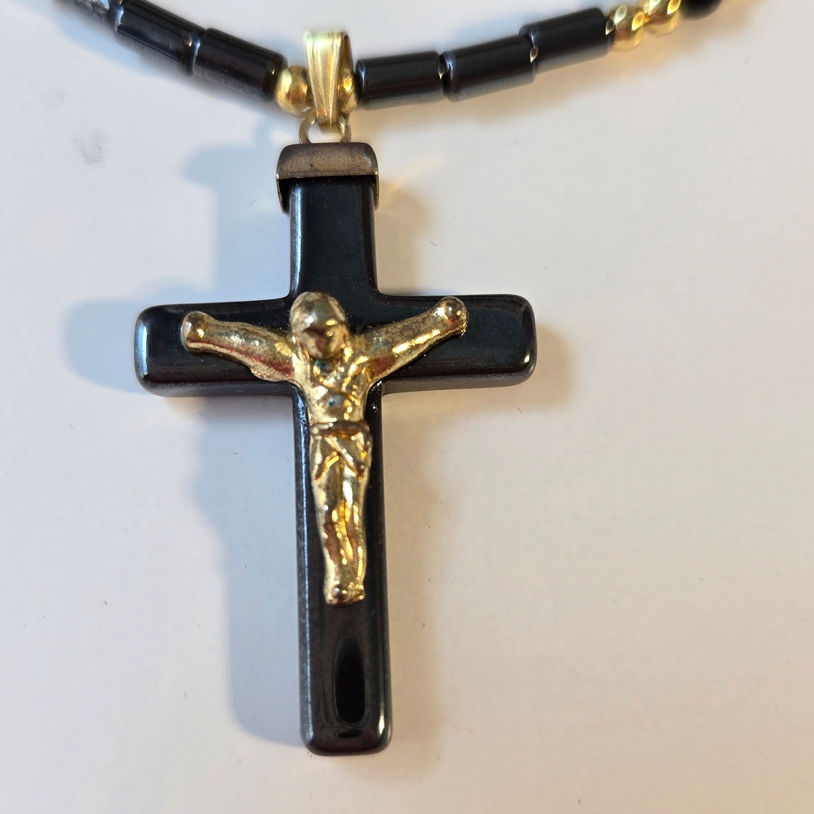 Vintage Cross Necklace Gray Black and Gold Beaded with Gold Jesus Pendant