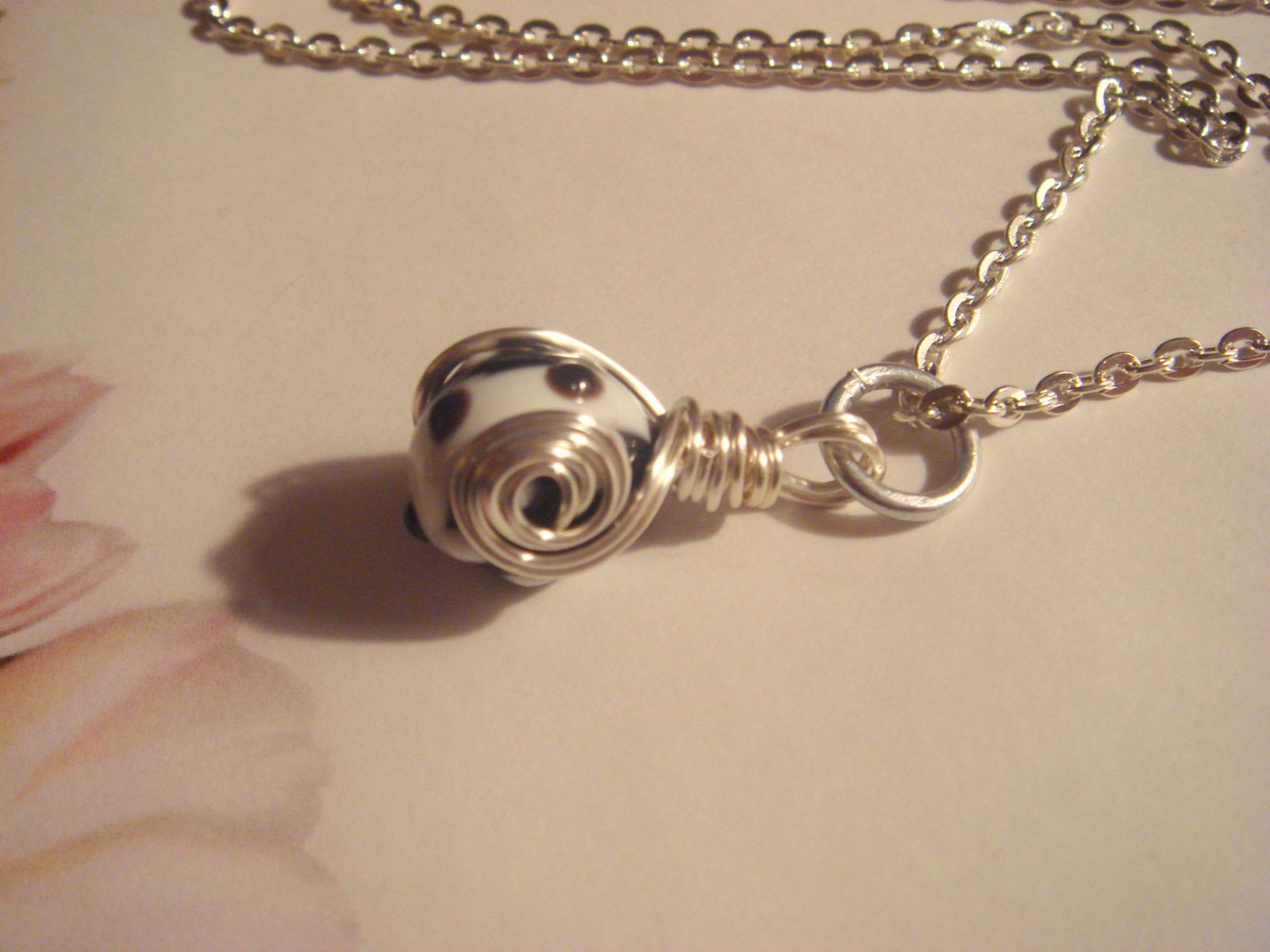 #202 Black&White Bead Pendant with Silver Chain Wire Wrapped One of a Kind