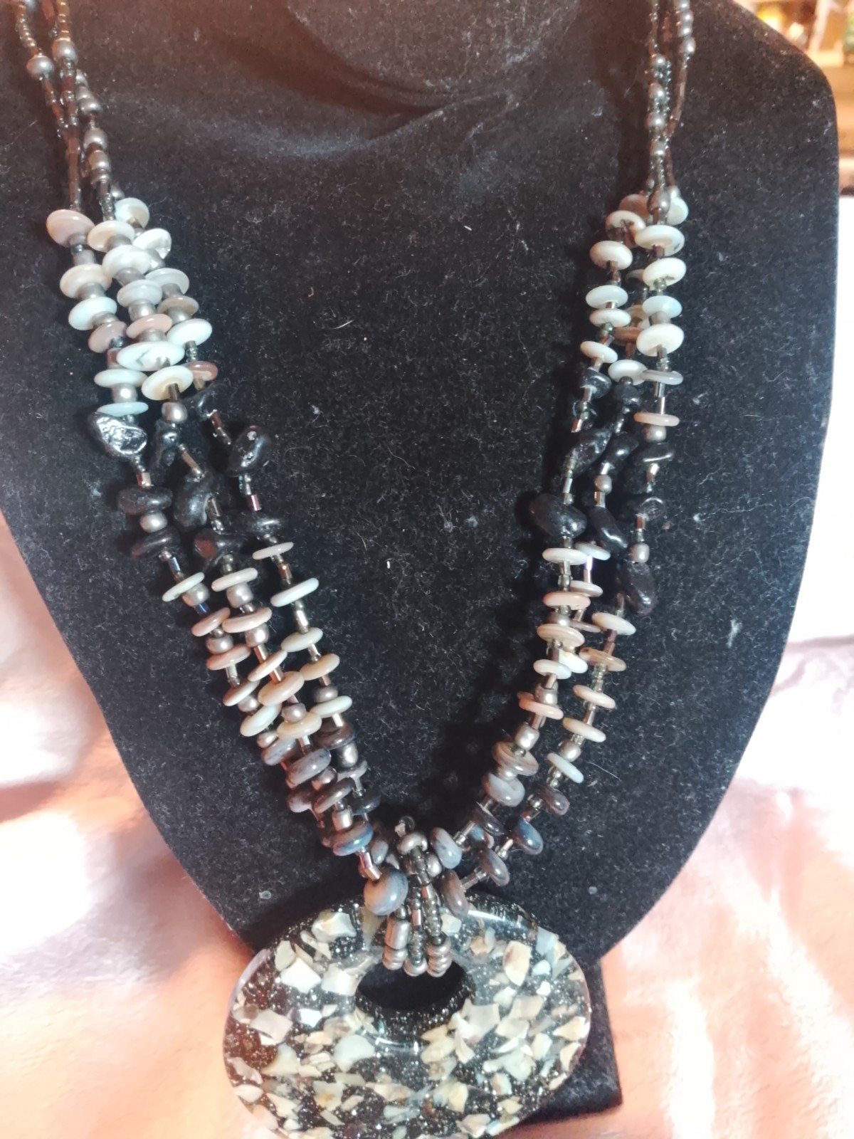 Black Gray White Beaded Ball Chain Necklace Round Donut Amulet Pendant