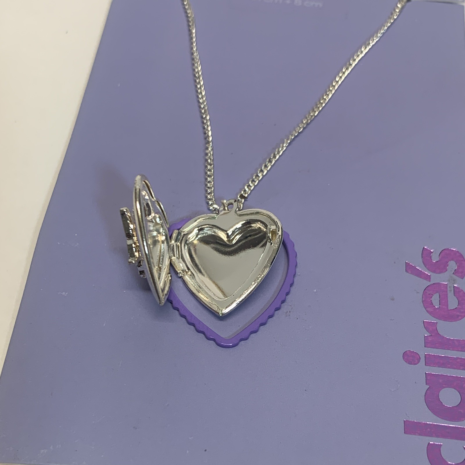 Claire’s Silver Tone Heart Locket Necklace Purple Crystal Butterfly 16 in