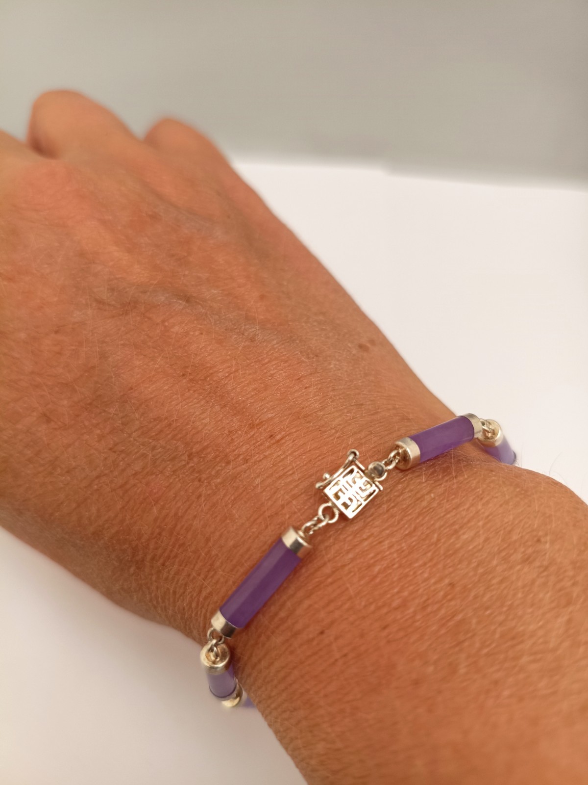 Vtg Chinese Lavender Jadeite Jade Tube Bracelet 925 Sterling Silver Shou Clasp
