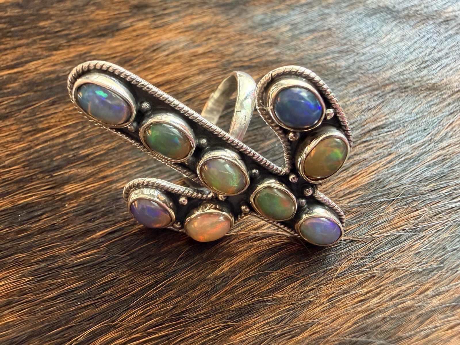 Large Ethiopian Opal Cactus Ring 925 Sterling Silver Adjustable Closed Back