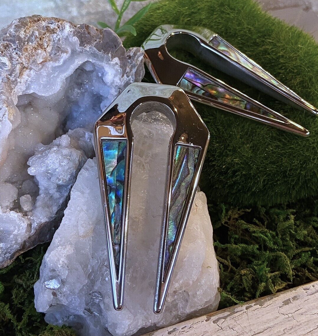 PAIR Abalone Shell Inlaid Keyhole Ear Weight Hangers Tunnels Plugs Gauges