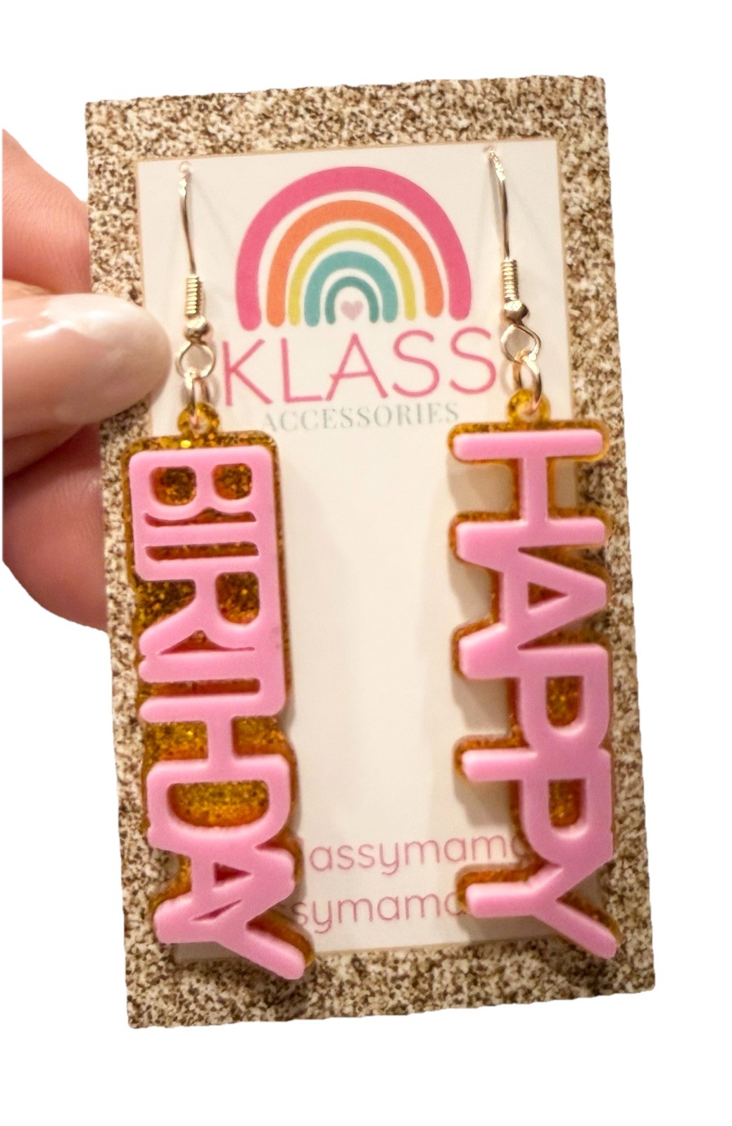 KLASS Lightweight Pink Gold Happy Birthday Glitter Sparkle Earrings Drop Dangle
