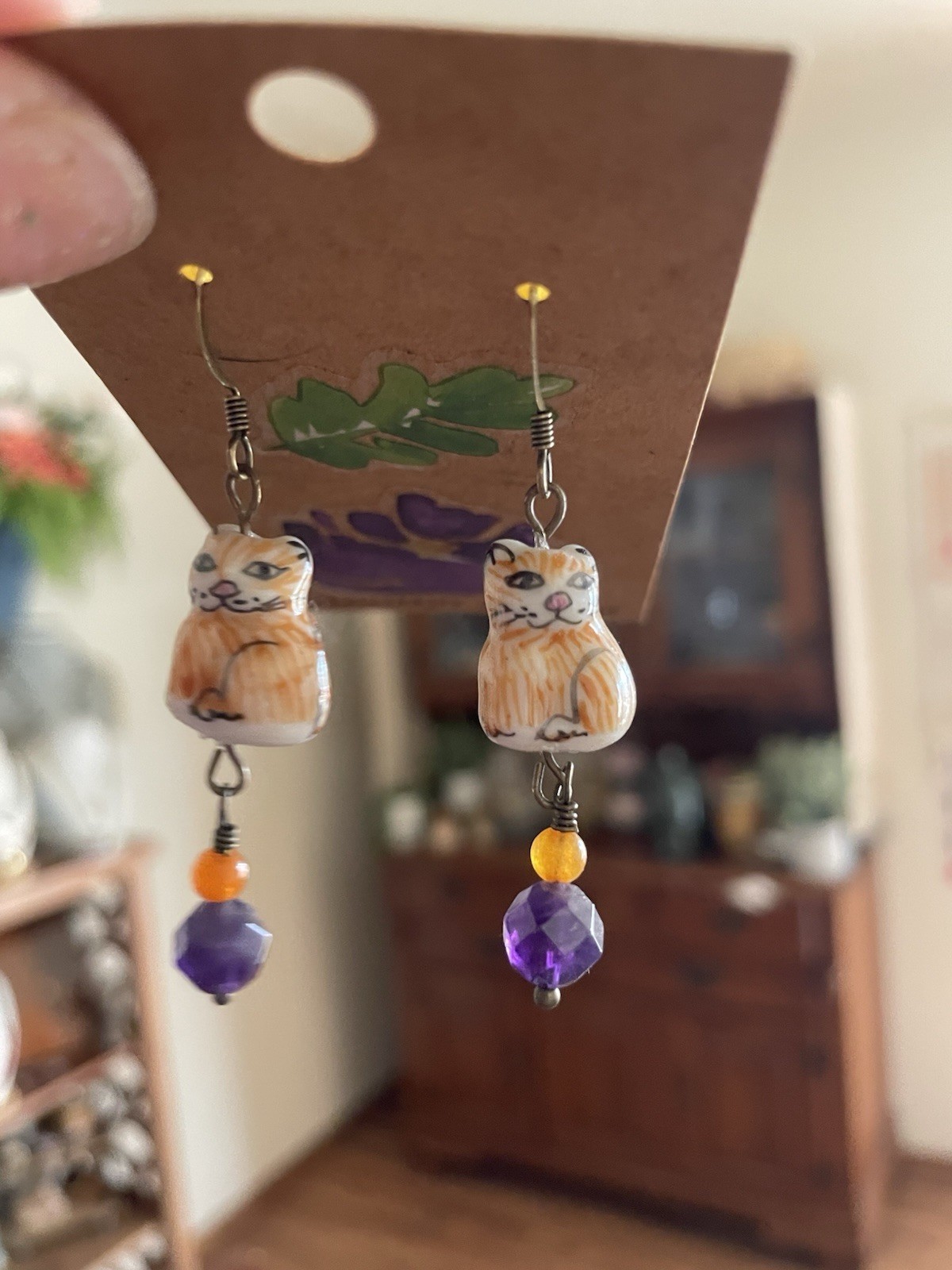 Orange Tabby Cat Ceramic Beaded Earrings w/ Amethyst and Citrine Beads