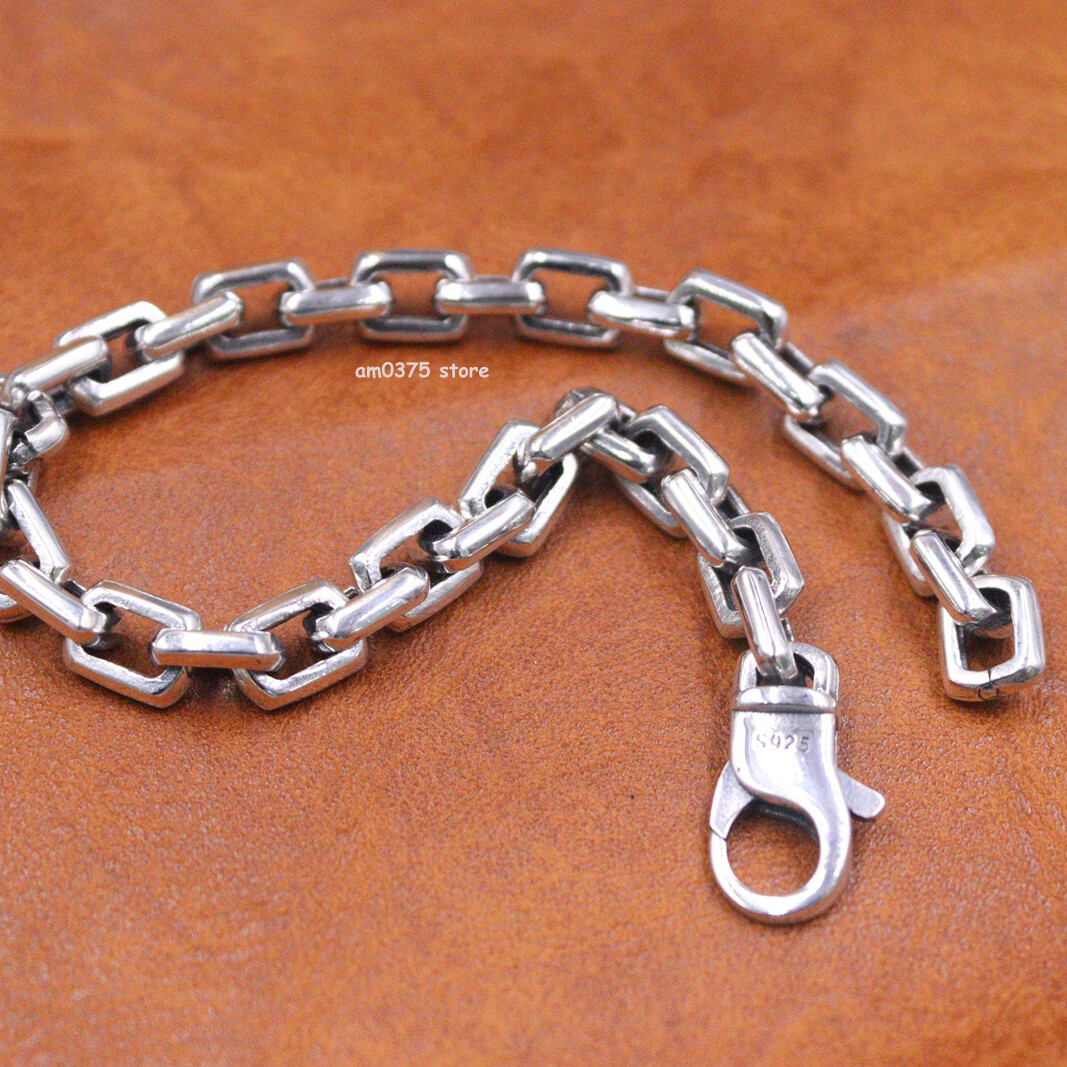 Real 925 Sterling Silver Bracelet Men’s Women 7mm Square Cable Link 8.26inch L
