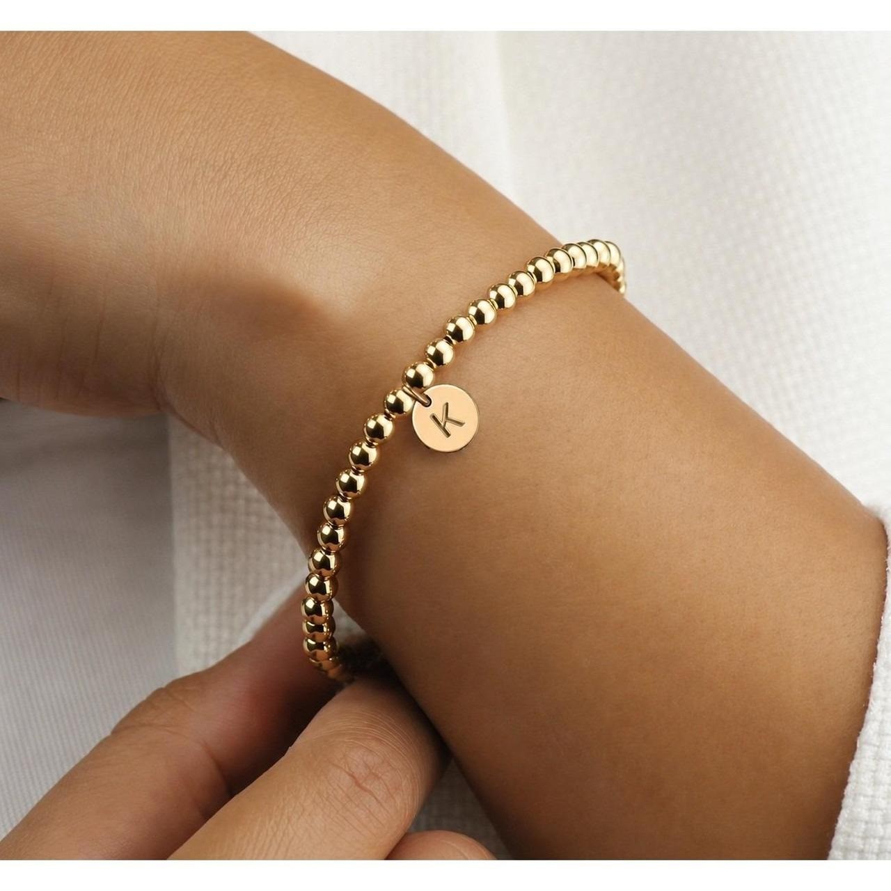 Gold Initial Bead Bracelet Letter K Stretch Dainty Personalized Jewelry Women