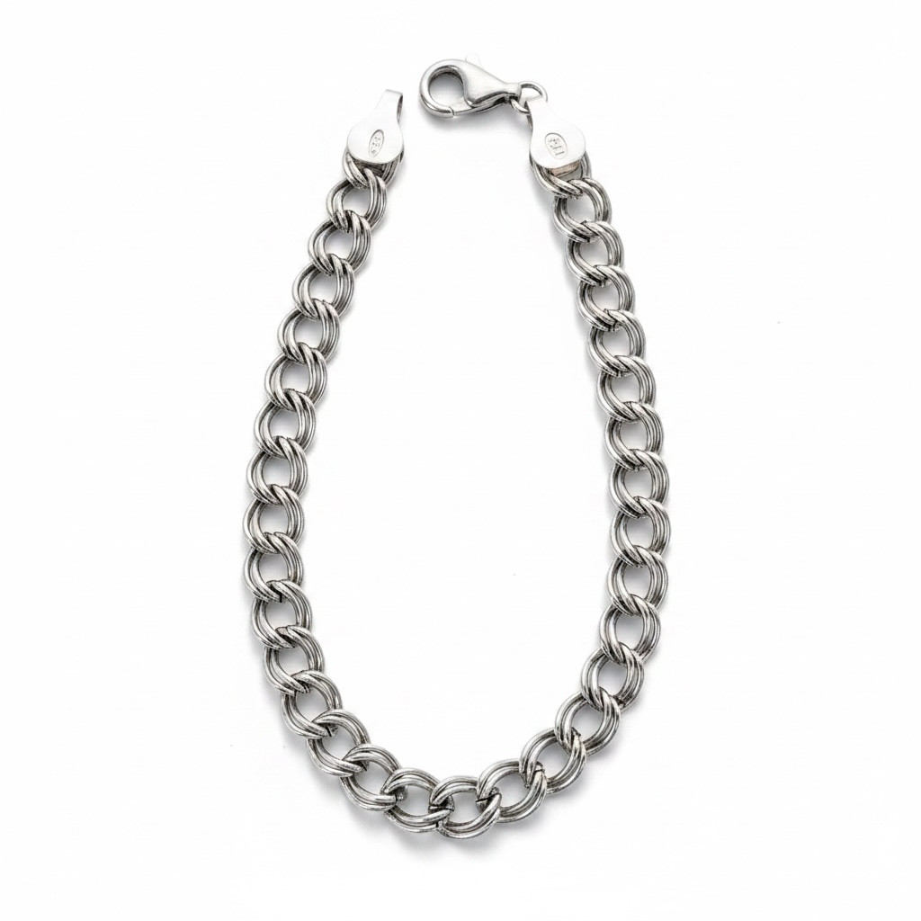 925 Sterling Silver Double Link Curb Chain Charm Bracelet 8″ 6mm Italy 7.68g