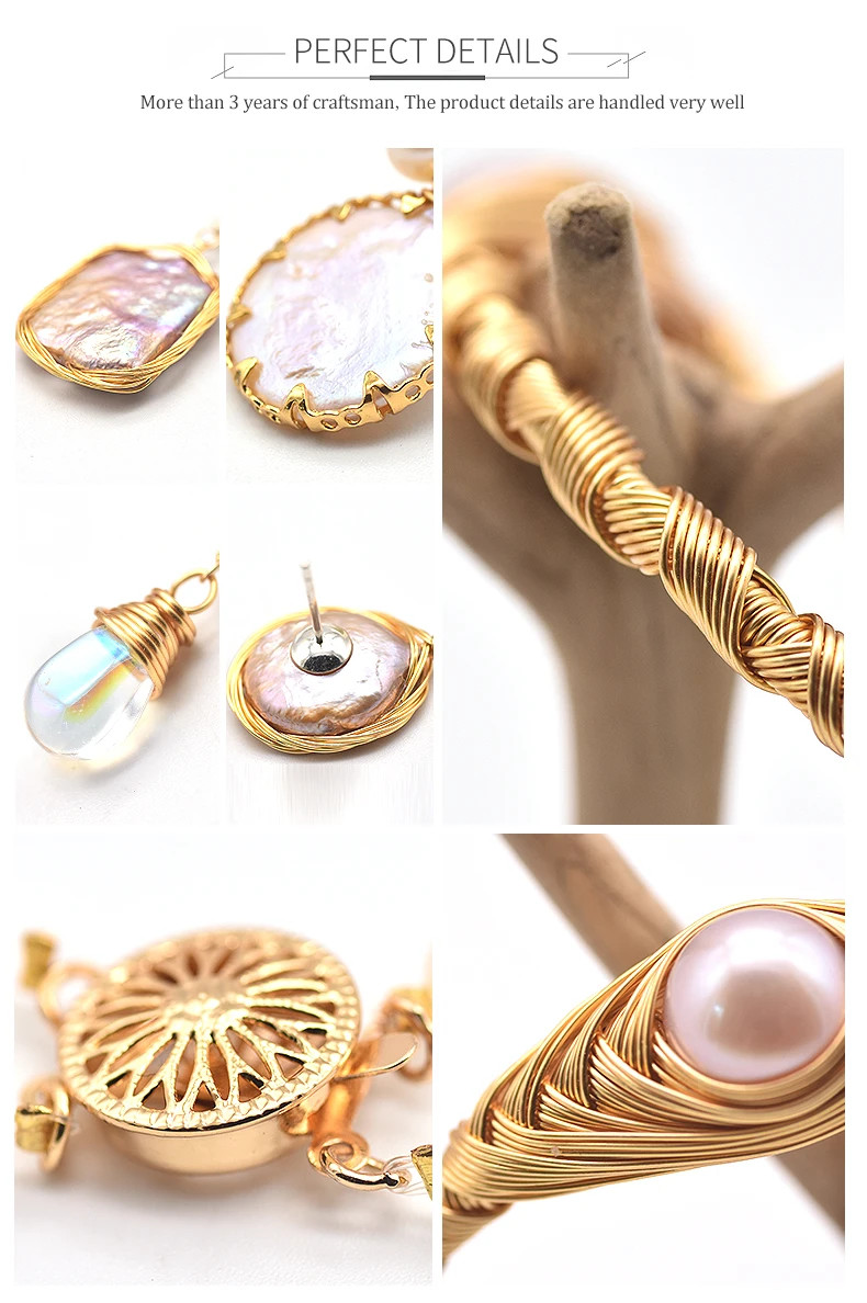 Colored Natural Stone Pearls Necklace Jewelry Women 18K Gold Plated Korean Desig