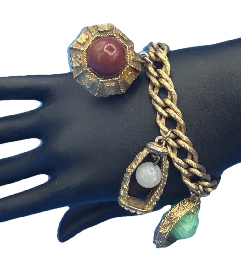 Vintage Etruscan Revival Charm Bracelet Gold Tone Curb Chain Fob Lantern 50s 60s
