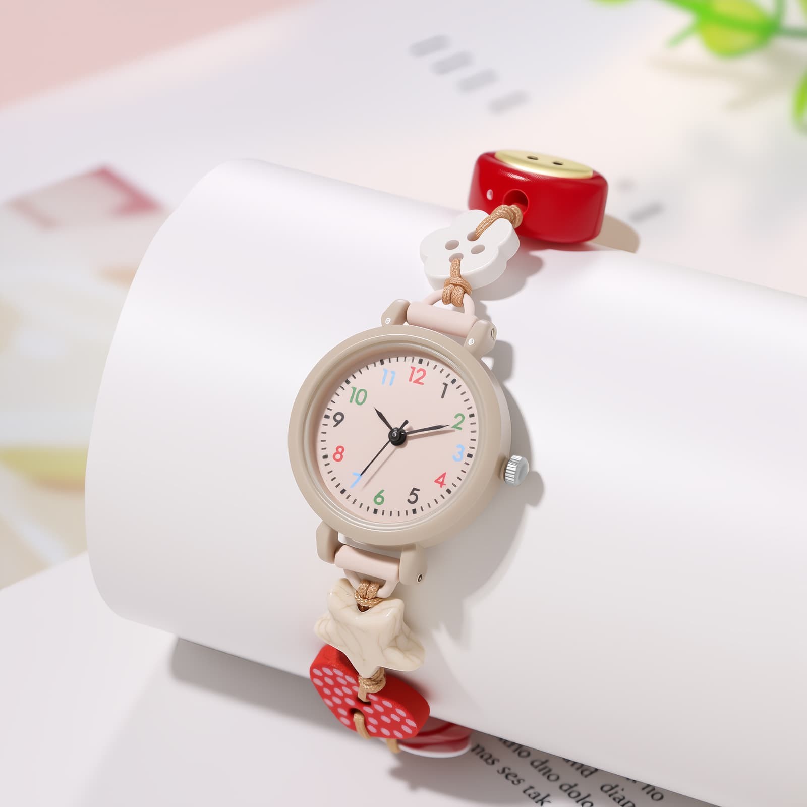 Women Cute Wood Bead Elastic Band Student Wrist Watch Graduation Birthday Gift