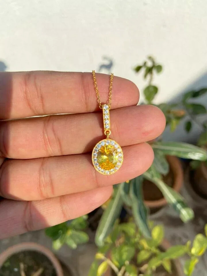 2.10Ct Oval Cut Citrine Diamond Halo Pendant 14K Yellow Gold Over 18″ Free Chain