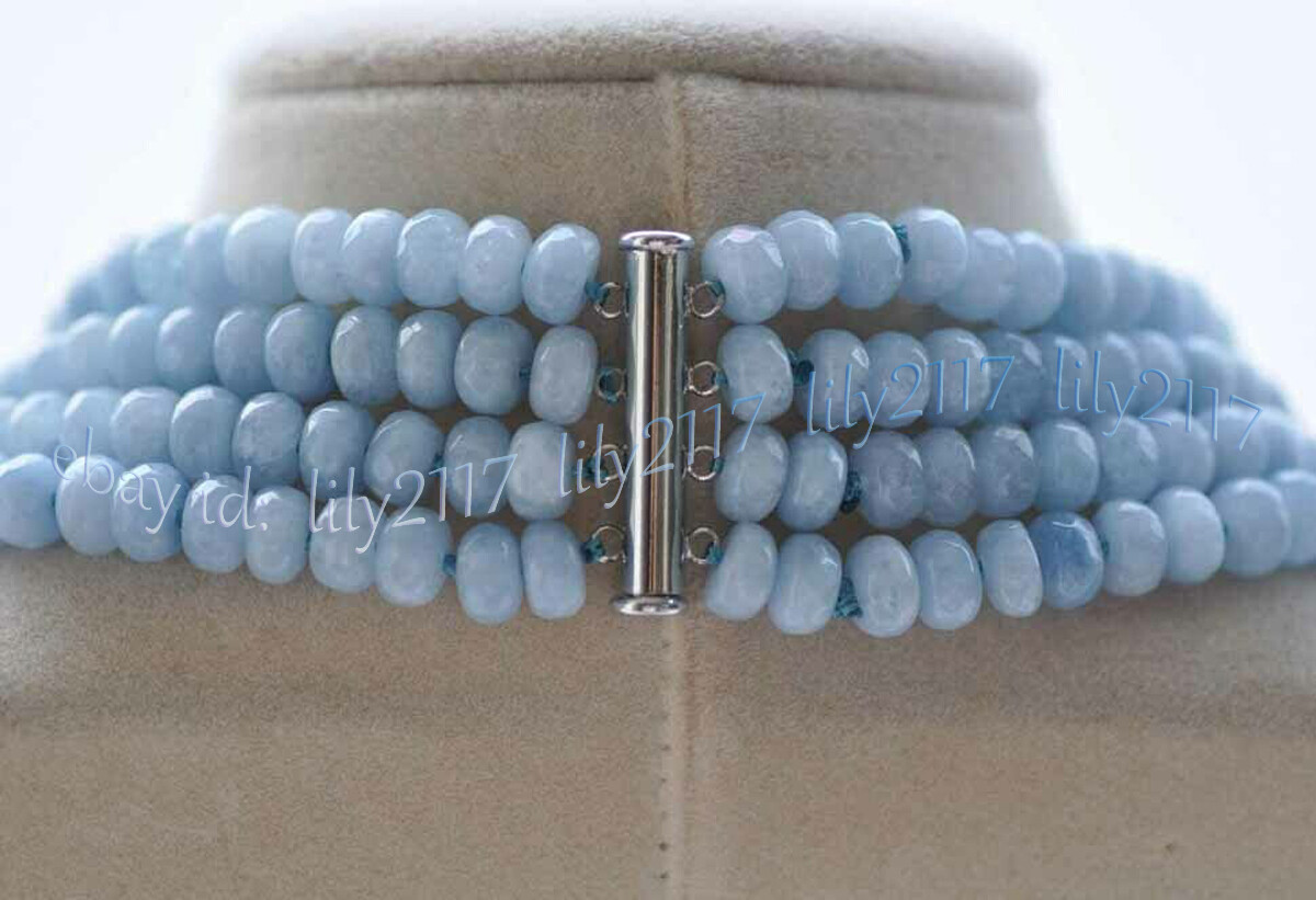 4 Rows Faceted 5x8mm Blue Aquamarine Gemstone Roundel Beads Necklaces 17-20”