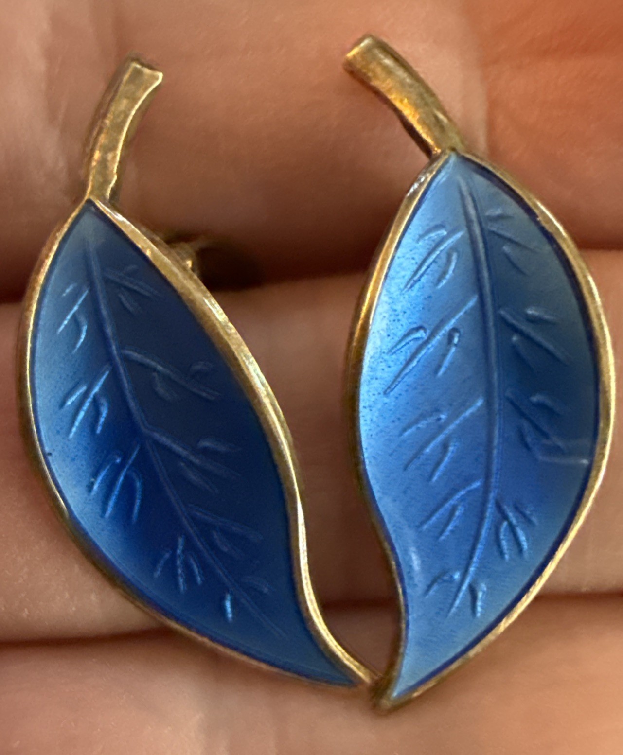David Andersen Leaf Earrings Guilloche Blue Enamel Sterling Silver Norway 925S