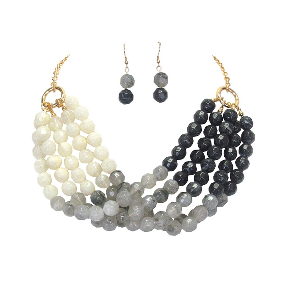 White Black Gray Necklace Marbled Multistrand Draped Bib Gold-Tone with Earrings
